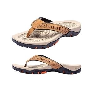HOBIBEAR Mens Thong Indoor And Outdoor Beach Flip Flop, Brown/Orange